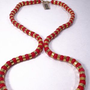 Neiman Marcus Red Glass Ball Gold Spacer Long Necklace NWT 498